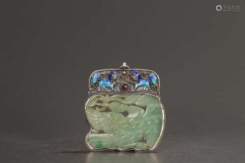 Late - mana burn silver inlay jade crane grain palin.Specifi...