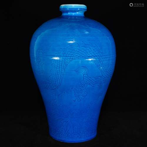 Dark blue glaze carving longfeng grain mei bottles, 28 x 19,