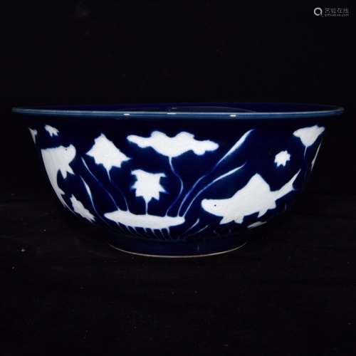 Blue glaze leave white lotus pond fish bowl, 12 x 28,