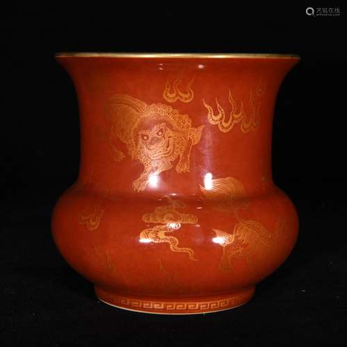 Red to trace golden lion ZiWen vase with flowers, 9.5 x 9.5 ...