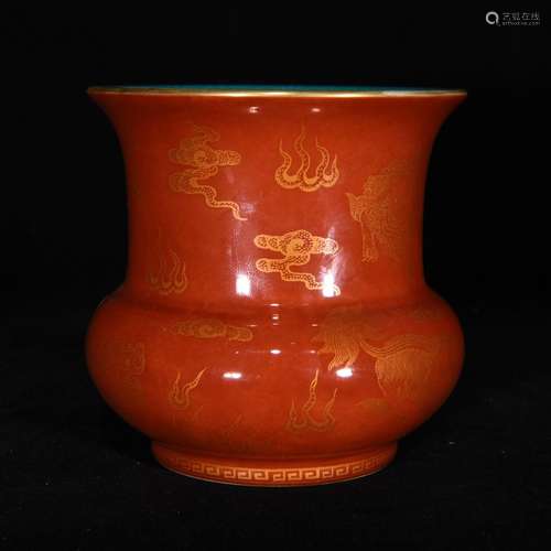 Red to trace golden lion ZiWen vase with flowers, 9.5 x 9.5 ...