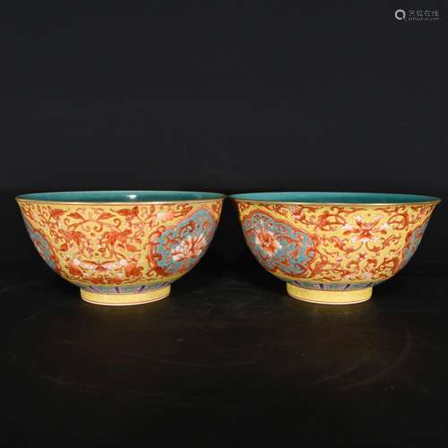 Alum red flowers green-splashed bowls, 8 x 16 cm,