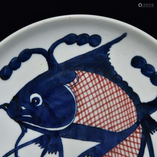 Blue and white youligong red fish tray, 6 x 28.5, (among)