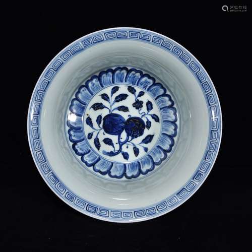 Blue and white flowers and green-splashed bowls, 11.5 x 26.5...