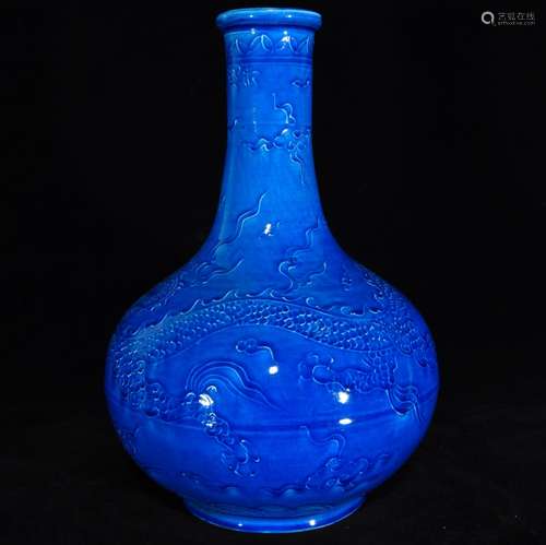 Dark blue glaze carved dragon bottle, 30.5 x 21,