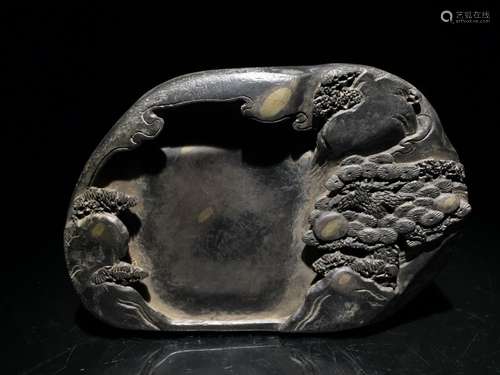 side rock: "four inkstone pines worshipSize: 17.2 cm lo...