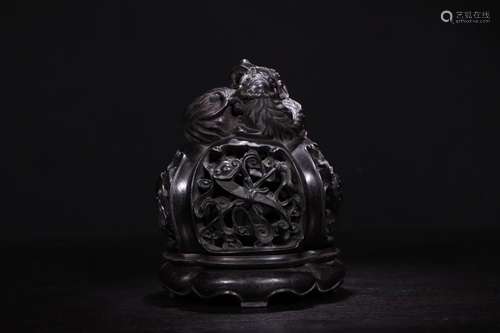 , red sandalwood carved double lion sweet aroma stove.The si...