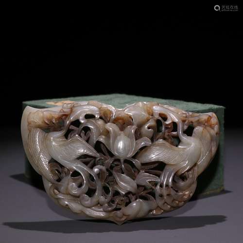 Hetian jade seed material crane lotus pattern carved piecesS...