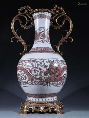 Red dragon grain, youligong inlaid copper bottleSpecificatio...