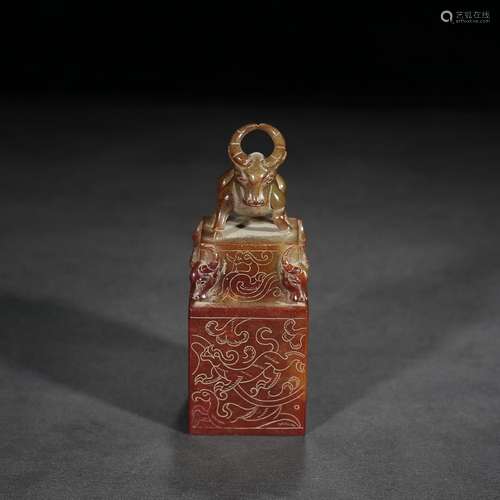 Ancient: hetian jade figure bullish button four sides seal h...