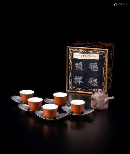 万古烧壶 常滑烧煎茶杯 沈存周茶托 一套 (原装盒)