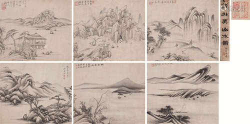 1764～1845 钱杜 山水人物册（六开） 水墨纸本 旧裱册页