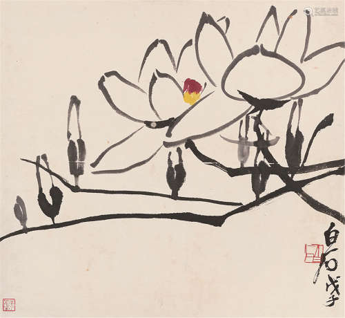 1864～1957 齐白石 玉兰花 设色纸本 旧裱镜片