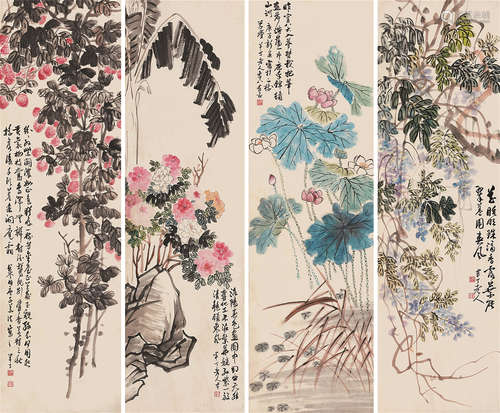 1876～1970 陈半丁 花卉四屏 设色纸本 立轴