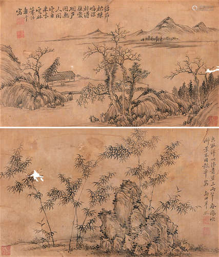 1633～1690 恽寿平 山水册二开 水墨绢本 旧裱册页