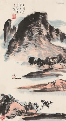 1910～1993 唐云 孤帆图 设色纸本 立轴