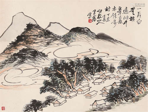 1867～1938 王震 白云山村 设色纸本 原裱立轴