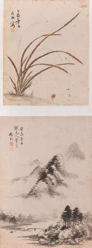 1912～2005 启功 兰花 山水 水墨纸本 双挖立轴