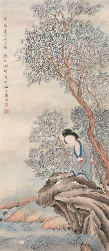 1884～1935 俞明 桂花仕女图 设色绢本 镜片