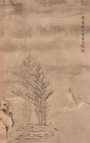 1865～1951 胡应祥 寒溪渔隐图 水墨绢本 立轴