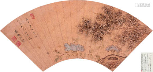 1611～1671 方以智 寿松图 设色金笺 扇面