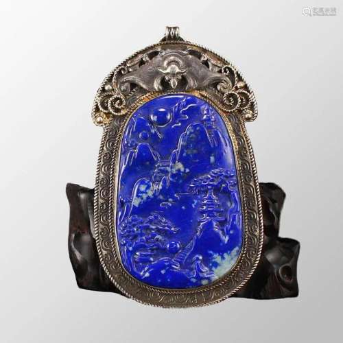 Chinese Pure Silver Inlay Lapis Lazuli Scenery Figure Pendan...