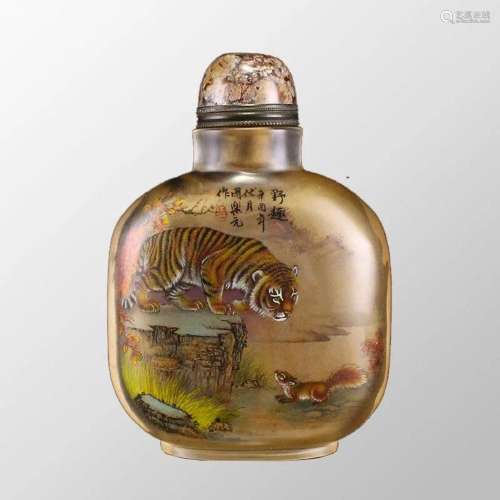 Chinese Peking Glass Inside Painting Tiger Snuff Bottle