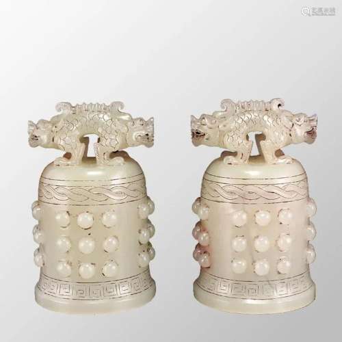 A Pair Superb Vintage Chinese Hetian Jade Divine Beasts Musi...