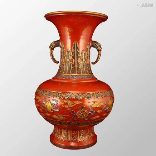 Superb Chinese Qing Dynasty Gilt Gold Red Glaze Low Relief L...