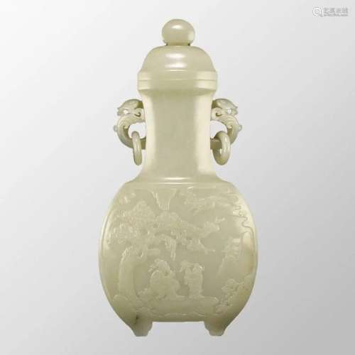 Superb Chinese Qing Dynasty Hetian Jade Low Relief Pine Tree...