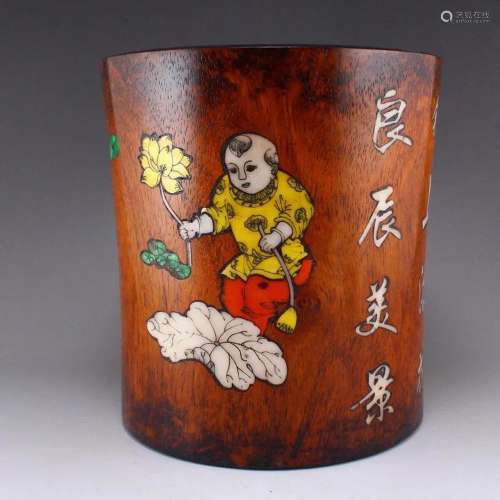 Vintage Chinese Zitan Wood Inlay Shell & Gem Poetic Pros...