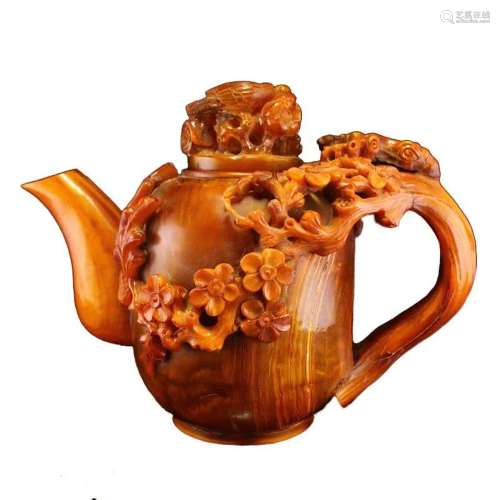 Vintage Ox Horn Carved Magpie & Plum Flower Teapot