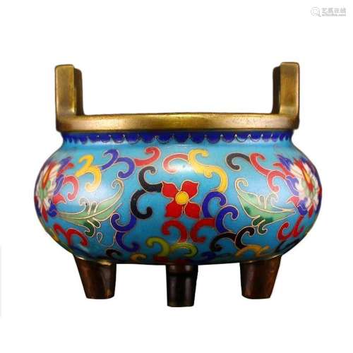 Vintage Chinese Bronze Cloisonne Double Ear Incense Burner