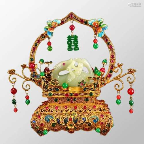 Superb Chinese Hetian Jade Fortune Deer Statue & Gold Wi...
