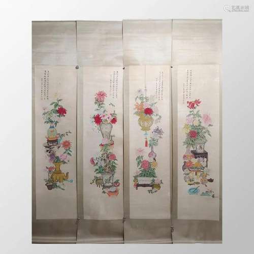 A Set Four Chinese Watercolour On Xuan Paper Flower Painting...
