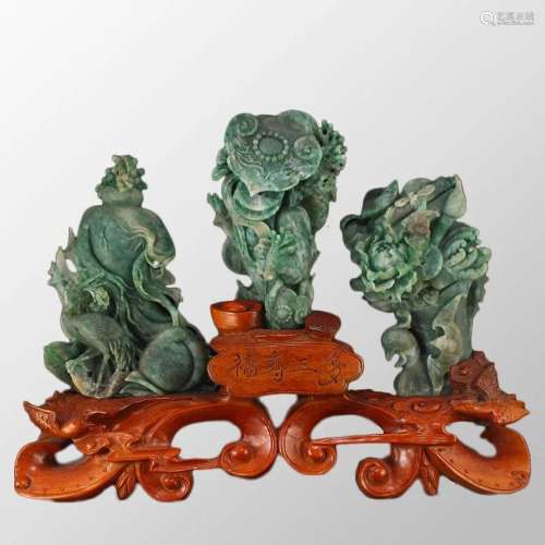 A Set Three Chinese Natural Dushan Jade Ginseng Ruyi Statues