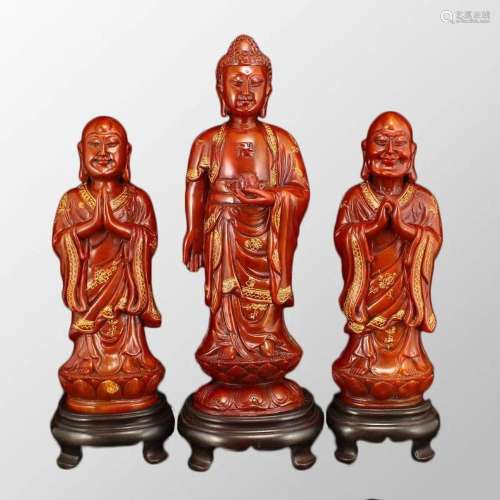 Vintage Chinese Shoushan Stone Three Buddha Statues