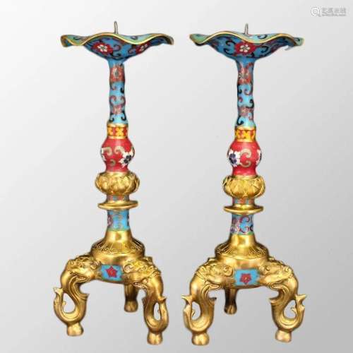A Pair Vintage Chinese Gilt Gold Bronze Cloisonne Candlestic...