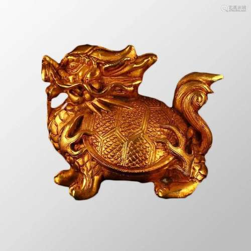 Vintage Chinese Gilt Gold Bronze Dragon Turtle Statue