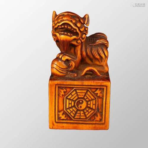 Vintage Chinese Boxwood Wood Carved Lion Statue