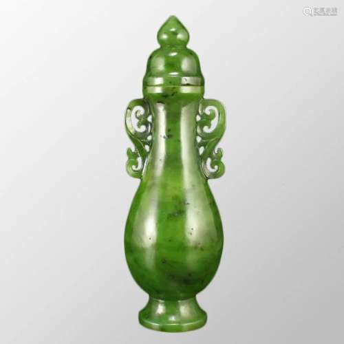Superb Chinese Green Hetian Jade Double Ears Vase w Lid
