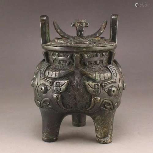 Vintage Chinese Bronze 3 Legs Double Ears Incense Burner - D...