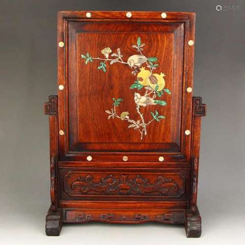 Vintage Chinese Zitan Wood Inlay Shell & Gem Flower &...