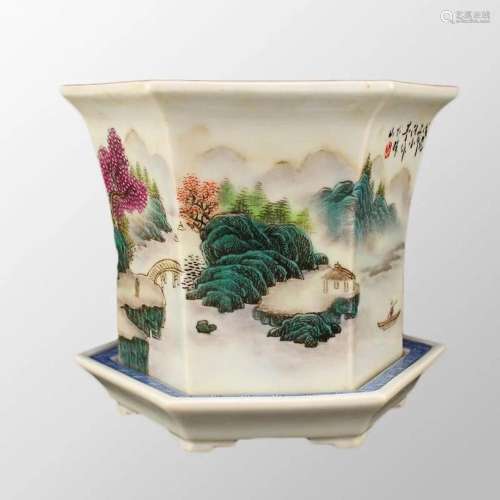 Chinese Famille Rose Porcelain Flowerpot With Pallet