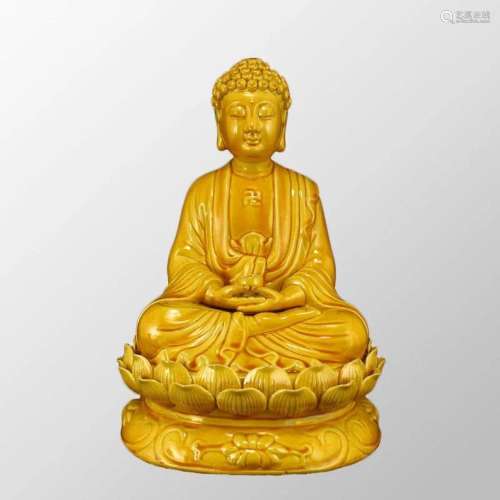 Chinese Yellow Glaze Sakyamuni Buddha Porcelain Statue