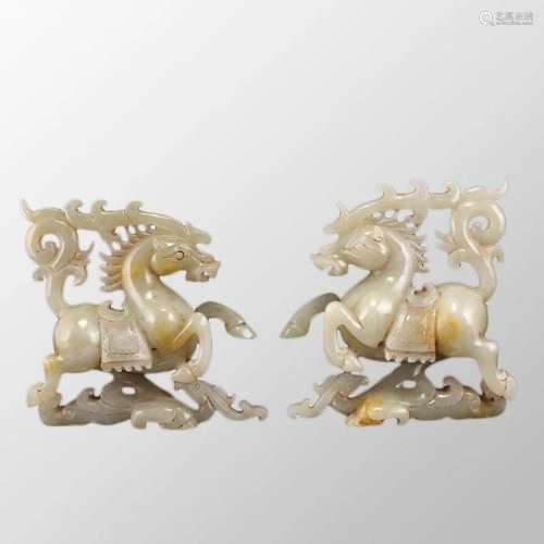 A Pair Superb Vintage Chinese Hetian Jade Fortune Horse Stat...