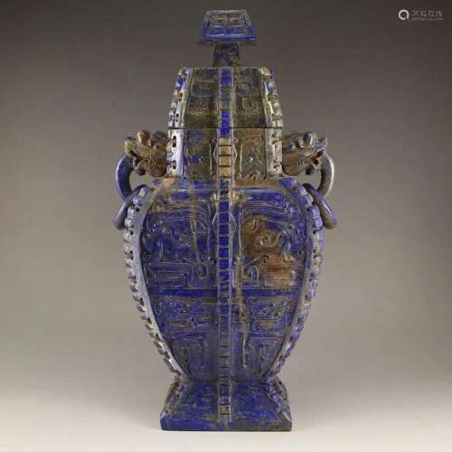 Superb Vintage Chinese Lapis Lazuli Double Rings Big Vase