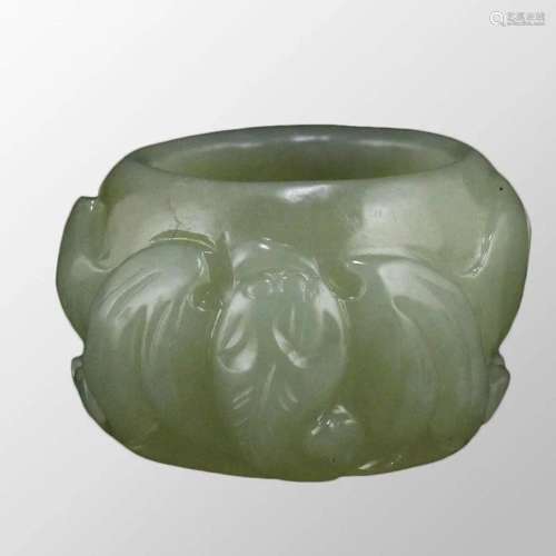 Chinese Low Relief Hetian Jade Fortune Bats Thumb Ring w Cer...