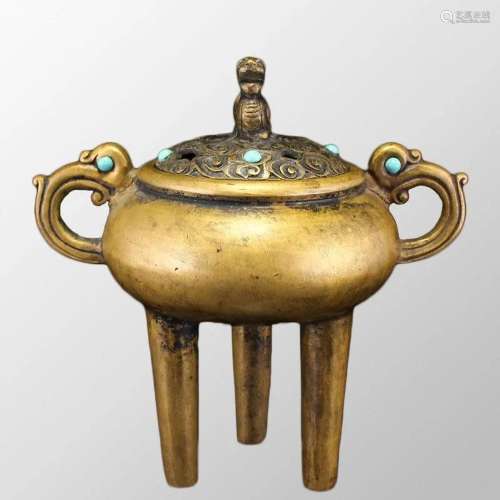 Chinese Bronze Inlay Gem 3 Legs Double Ears Incense Burner