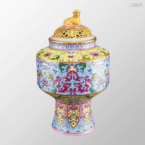 Chinese Gilt Gold Enamel Porcelain Incense Burner w Qianlong...